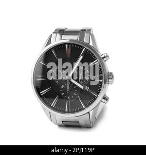 Armbanduhr für Herren mit schwarzem Ziffernblatt, Chronograf und Metallarmband auf weißem Hintergrund. Accessoires für Männer, Geschäftsleute. Stockfoto