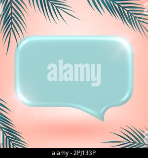 Blaue Sprechblase auf pinkfarbenem Pastellhintergrund. 3D-Rendern. Sinneswandel mit Palmenblättern. Stockfoto