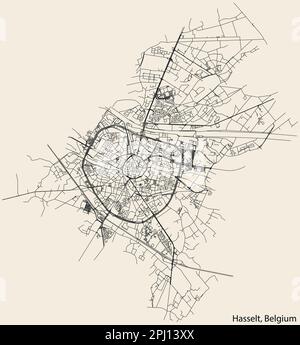 Detaillierte handgezeichnete Straßenkarte der Stadt HASSELT der belgischen Stadt HASSELT, Belgien, mit lebhaften Straßenlinien und Stock Vektor