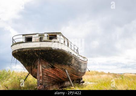 Alte Schiffswracks aus Holz. Rückseite einer alten verlassenen Bootsküste in Estland Stockfoto