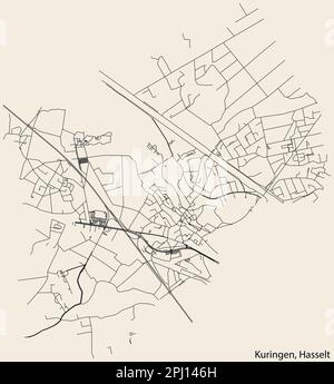 Detaillierte handgezeichnete Navigationskarte der STADT KURINGEN der belgischen Stadt HASSELT, Belgien, mit lebhaften Straßenlinien und Stock Vektor