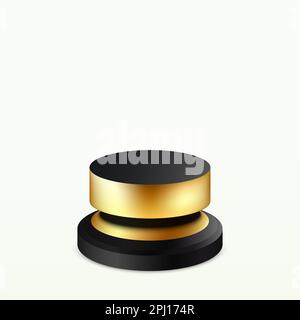 Luxuriöses rundes Podium in Schwarz und Gold, isoliert auf weißem Hintergrund. Zylindrisches Podium für die Präsentation von Werbeprodukten. Stock Vektor