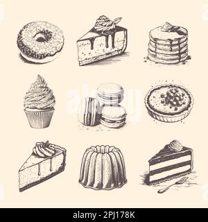 Ein Dessertset. Gebäck-Süßigkeiten-Sammlung isoliert auf weißem Hintergrund. Handgezeichnete Vektordarstellung. Retro-Style. Stock Vektor