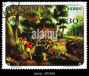 MOSKAU, RUSSLAND - 25. MÄRZ 2023: In Panama gedruckte Briefmarken zeigen die Jagd, Delacroix, Tiergemälde der berühmten Künstlerserie, ca. 1967 Stockfoto