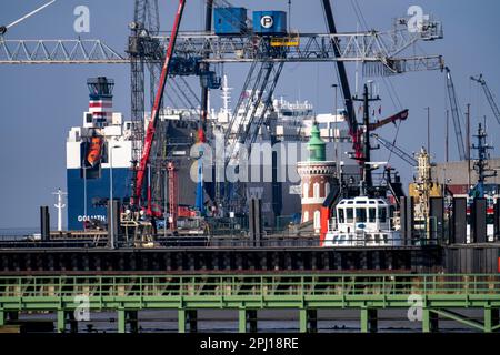 Autotransportschiff, GOLIATH-FÜHRER, am General Cargo Terminal, Columbuskaje, Hafenkrane, historischer Pingelturm, am Hafen von Bremerhaven, Bre Stockfoto