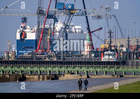 Autotransportschiff, GOLIATH-FÜHRER, am General Cargo Terminal, Columbuskaje, Hafenkrane, historischer Pingelturm, am Hafen von Bremerhaven, Bre Stockfoto