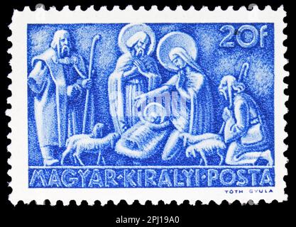 MOSKAU, RUSSLAND - 25. MÄRZ 2023: Der in Ungarn gedruckte Poststempel zeigt Geburt, Weihnachtsserie 1943, ca. 1943 Stockfoto