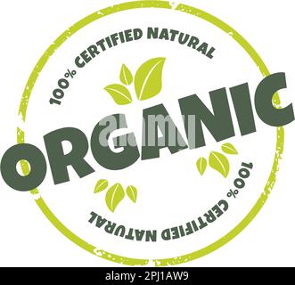 Vektoretikett für organische Naturprodukte. Abbildung des Produktetiketts, Emblem. Strukturiertes rundes Logo mit grünen Blättern und Text für Bio- und Öko-Pommes Frites Stock Vektor