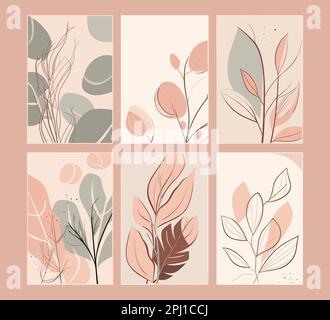 Minimalistische und natürliche Wandkunst. Vektorset für Botanische Wandbilder. Zeichnung von Blattlinien mit abstrakter Form. Abstraktes Plant-Art-Design für Druck, Cover Stock Vektor