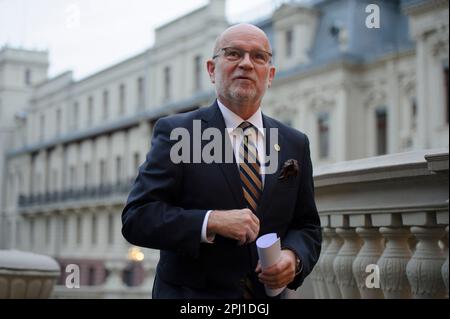 Lodz, Warschau, Polen. 30. März 2023. Der slowakische Außenminister Rastislav Kacer trifft am 30. März 2023 auf dem Gipfel von Bukarest Nine (B9) in Lodz (Polen) ein. Die Gespräche zwischen den Außenministern werden sich angesichts der russischen Aggression gegen die Ukraine auf Sicherheitsfragen in der Region konzentrieren. Auch NATO-Beamte und Vertreter aus Schweden, Finnland und Spanien werden erwartet. (Kreditbild: © Aleksander Kalka/ZUMA Press Wire) NUR REDAKTIONELLE VERWENDUNG! Nicht für den kommerziellen GEBRAUCH! Stockfoto