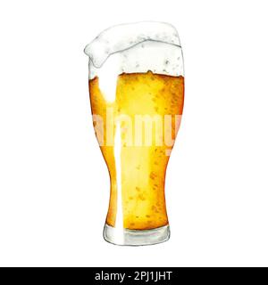 Ein Glas Bier, Hopfen und Blätter. Aquarell handgezeichnete Malerei Illustration isoliert auf weißem Hintergrund. Stockfoto