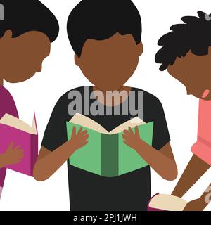 Gruppe von drei Jungen, die Bücher zusammen lesen Illustration Stockfoto