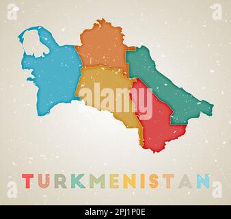 Turkmenistan Karte. Länderposter mit farbigen Regionen. Alte Grunge-Textur. Vektorillustration von Turkmenistan mit Ländername. Stock Vektor