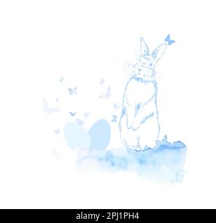 Blauer Hase mit Aquarell. Frohe ostern. Vektordarstellung Stock Vektor