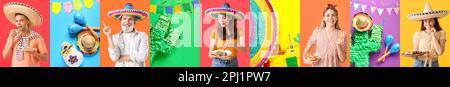 Set aus Mexikanern mit Sombrero, traditionellen Speisen, Maracas und Dekoration auf farbenfrohem Hintergrund Stockfoto
