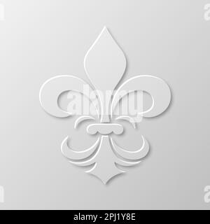 Vector Realistic Paper 3D Fleur De Lis Nahaufnahme auf weißem Hintergrund. Heraldisches Lily-Zeichen, Vektorbild Stock Vektor