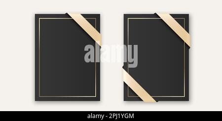 Vector Vertical A4, A5 leere schwarze Karte. Broschüre, Postkarte, Grußkarten-Designvorlage für das Branding, Glückwunsch, Einladung mit Seidenband Stock Vektor