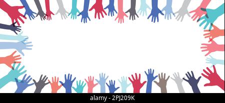 Viele farbenfrohe Hände, weißer Hintergrund - Diversitätskonzept - Vektordarstellung Stock Vektor