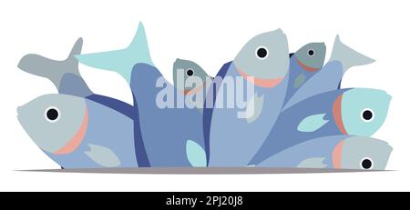 Flaches Design mit Trennlinie und Fischgruppe auf weißem Hintergrund. Stock Vektor