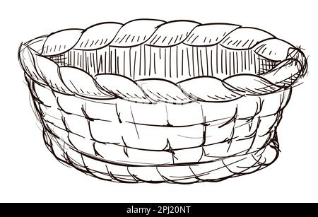 Traditioneller gewebter Korb im handgezeichneten Stil, isoliert auf weißem Hintergrund. Stock Vektor