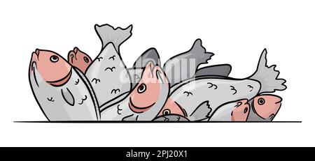 Gruppe von Fischen über einer Leine. Design im Cartoon-Stil und mit Konturen. Stock Vektor