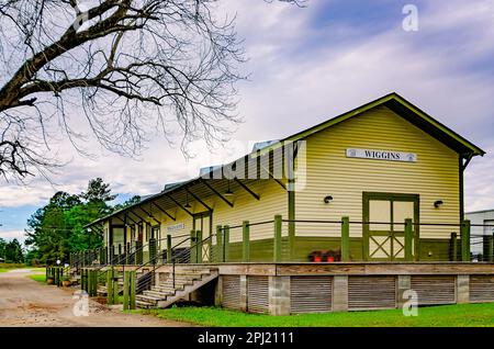 Das Wiggins Depot ist am 29. März 2023 in Wiggins, Mississippi, abgebildet. Das Wiggins Zugdepot wurde 1910 von der Gulf and Ship Island Railroad erbaut. Stockfoto