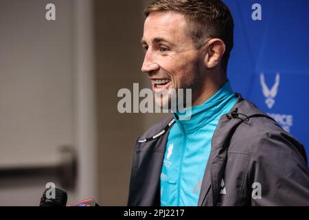 30. März 2023: 2022 PFL Featherweight Champion Brendan Loughnane spricht während des 2023. PFL Las Vegas Media Day im LINQ Hotel Experience in Las Vegas, NV, vor den Medien. Christopher Trim/CSM. Stockfoto