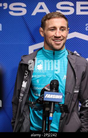 30. März 2023: 2022 PFL Featherweight Champion Brendan Loughnane spricht während des 2023. PFL Las Vegas Media Day im LINQ Hotel Experience in Las Vegas, NV, vor den Medien. Christopher Trim/CSM. Stockfoto