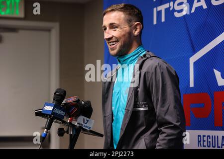 30. März 2023: 2022 PFL Featherweight Champion Brendan Loughnane spricht während des 2023. PFL Las Vegas Media Day im LINQ Hotel Experience in Las Vegas, NV, vor den Medien. Christopher Trim/CSM. Stockfoto