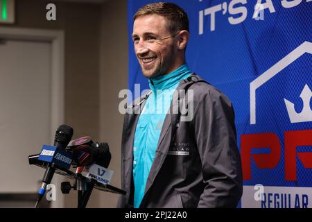 30. März 2023: 2022 PFL Featherweight Champion Brendan Loughnane spricht während des 2023. PFL Las Vegas Media Day im LINQ Hotel Experience in Las Vegas, NV, vor den Medien. Christopher Trim/CSM. Stockfoto