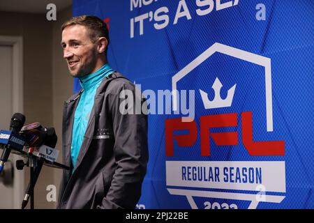 30. März 2023: 2022 PFL Featherweight Champion Brendan Loughnane spricht während des 2023. PFL Las Vegas Media Day im LINQ Hotel Experience in Las Vegas, NV, vor den Medien. Christopher Trim/CSM. Stockfoto