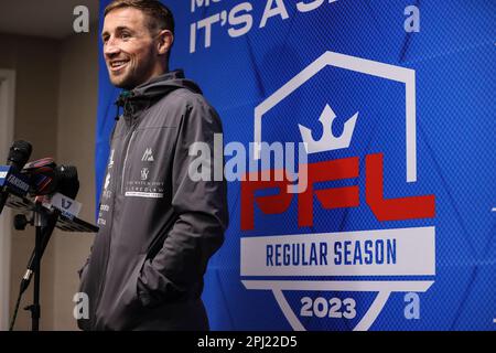 30. März 2023: 2022 PFL Featherweight Champion Brendan Loughnane spricht während des 2023. PFL Las Vegas Media Day im LINQ Hotel Experience in Las Vegas, NV, vor den Medien. Christopher Trim/CSM. Stockfoto