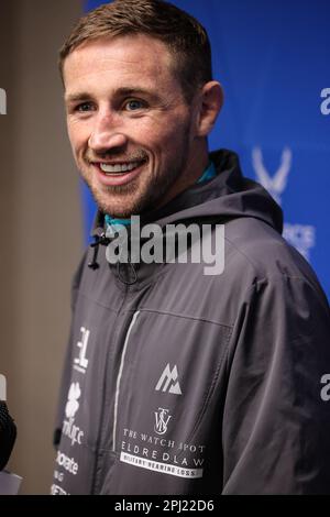 30. März 2023: 2022 PFL Featherweight Champion Brendan Loughnane spricht während des 2023. PFL Las Vegas Media Day im LINQ Hotel Experience in Las Vegas, NV, vor den Medien. Christopher Trim/CSM. Stockfoto