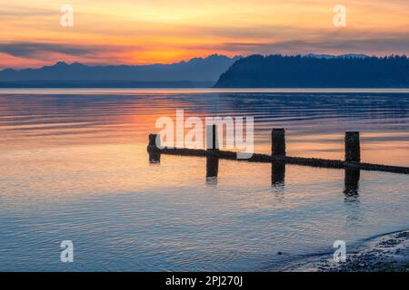 Orange Sky über den Olympic Mountains und Double Bluff reflektieren auf dem Ozean Stockfoto