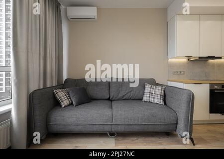 Graues Sofa im modernen Apartment-Interieur Stockfoto