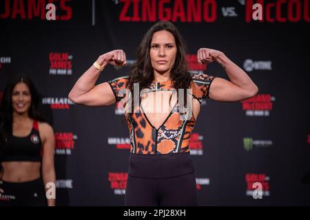 Temecula, Kalifornien, USA. 30. März 2023. Temecula, CA - 28. März: Katze Zingano wiegt am 31. März 2023 im Pechanga Resort and Casino in Temecula, Kalifornien, USA mit 145,2lbs kg vor Bellator 293 Golm vs James. (Kreditbild: © Matt Davies/PX Imagens via ZUMA Press Wire) NUR REDAKTIONELLE VERWENDUNG! Nicht für den kommerziellen GEBRAUCH! Stockfoto