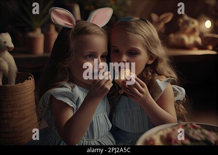 Zwei kleine Mädchen essen vor einem Tisch voller gefüllter Häschen und Häschenohren im Gesicht Stockfoto