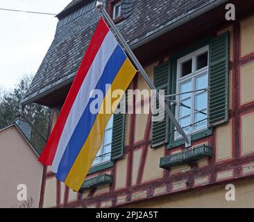 Fastnacht-Karnevalsflagge unter Bacharach (Bacharach am Rhein), ???, Bezirk Mainz-Bingen, Deutschland Stockfoto