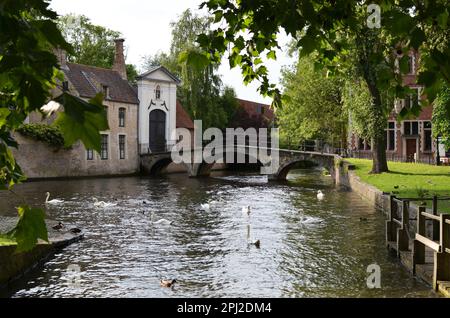 BRÜGGE, BELGIEN - 14. JUNI 2019: Brücke über den Kanal und Eingangstor zum Prinzessingen Ten Wijngaerde Stockfoto