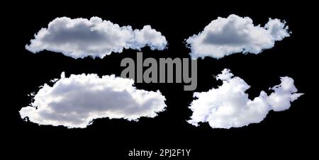 Verschiedene weiße Wolken auf schwarzem Hintergrund, Collage. Bannerdesign Stockfoto