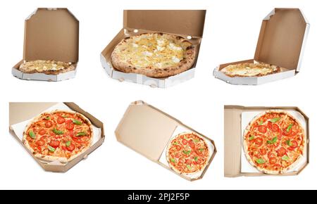 Set mit verschiedenen köstlichen heißen Pizzen in Kartons auf weißem Hintergrund. Lebensmittellieferung Stockfoto