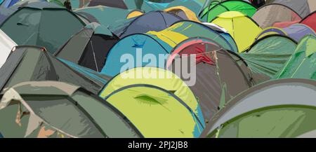 Abbildung: Kleine Zelte, die auf einem Camping dicht beieinander liegen. Stockfoto
