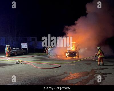 Leonberg, Deutschland. 31. März 2023. Feuerwehrleute löschen zwei brennende Fahrzeuge auf einem Parkplatz. Zwei Fahrzeuge sind auf einem Parkplatz auf einer Landstraße in Leonberg abgebrannt. Niemand wurde von Nacht bis Freitag verletzt, wie die Polizei sagte. Beide Fahrzeuge sind ausgebrannt. Nach Schätzungen der Polizei beläuft sich der Sachschaden auf etwa 40.000 Euro. Die Brandursache war zunächst unklar. Die Kriminalpolizei in Ludwigsburg ermittelt wegen Verdachts auf Brandstiftung und hofft auf Informationen von Zeugen. Kredit: Dettenmeyer/SDMG/dpa/Alamy Live News Stockfoto