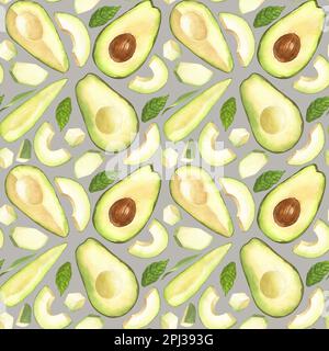 Wasserfarbenes, nahtloses Muster aus frischer, ganzer und geschnittener Avocado. Handgezeichnete Darstellung isoliert auf grauem Hintergrund. Perfekte Speisekarte, gesundes Essen Stockfoto