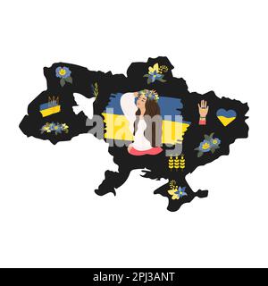 Ukrainisch, schwarze Silhouette des Territoriums der Ukraine, Symbole Taube des Friedens, Mädchen im Kranz, Weizenohren, Wappen der Ukraine. Vektor Stock Vektor