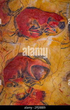 Santillana del Mar, Spanien, 12. Juni 2022: Felsgemälde an der Nachbildung der Altamira-Höhle in Santillana del Mar in Spanien. Stockfoto