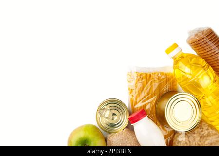 Lebensmittelspenden isoliert auf weißem Hintergrund. Speicherplatz kopieren Stockfoto