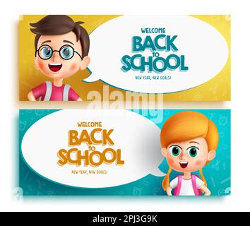 Zurück in die Schule. Willkommen zurück in der Schule Grußtext in Sprechblasenelement mit Schülercharakter. Schulbanner für Vektorgrafiken Stock Vektor