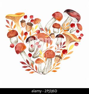 Aquarell-Herz aus Pilzen, Herbstblättern und Beeren Stockfoto