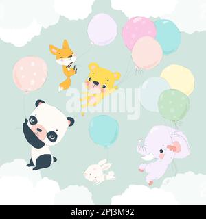 Cartoon Happy Animals fliegen mit Luftballons im Himmel Stock Vektor